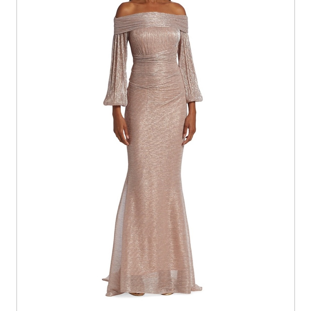Robert Talbott Off-Shoulder Metallic Blush Gown